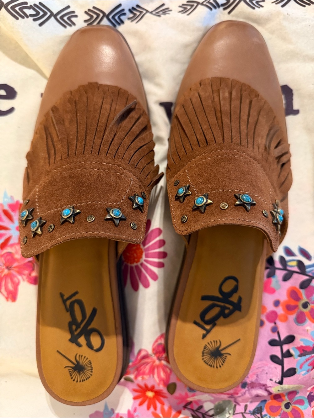 #34 - New - Leather Fringed Slip-On Mule in Brown by OTBT (Off The Beaten Track)